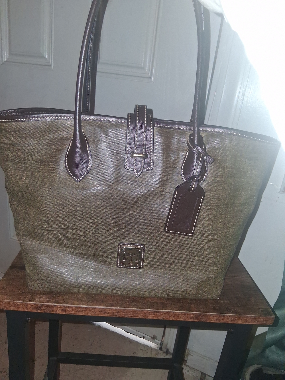 Dooney&Bourke Olive Green Canvas Cindy Tote with Dark Brown Leather Trim